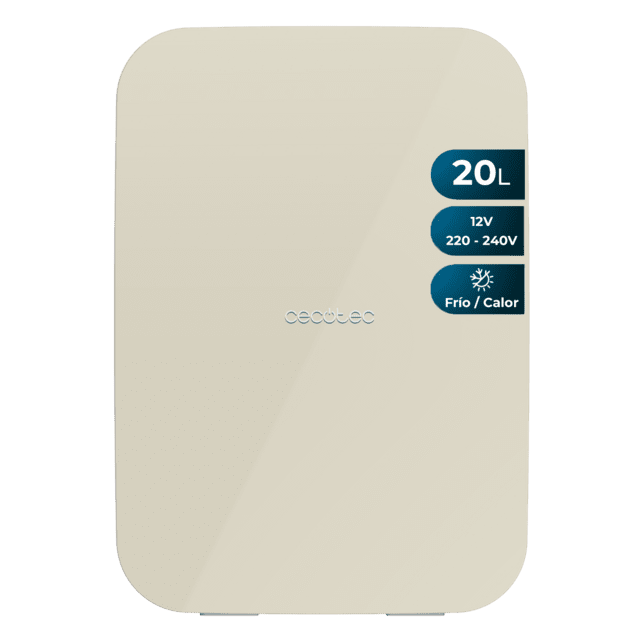 Cecotec Bolero MiniCooling 20L Bahamas Beige Frigorífico con funcionamiento 12V-220V compatible con coches y caravanas función enfriamiento y calentamiento rango temperatura de 7 a 65 ºC y transporte fácil. Mini frigorífico
