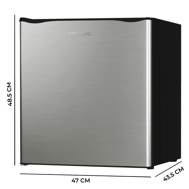 Cecotec GrandCooler 20000 SilentCompress Inox E Mini Frigorífico acero inoxidable compartimento congelador interior capacidad de 46 Litros 47 de ancho y 48.5 cm de alto puerta reversible funcionamiento cíclico clase energétic Limitado a 3 días