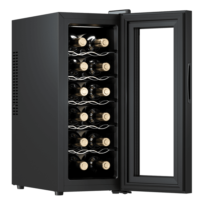 Cecotec Bolero GrandSommelier 1250 CoolCrystal Vinoteca Bodega con capacidad de 12 botellas y enfriamiento termoeléctrico. Temperatura regulable y luz LED interior Vinoteca 12 botellas Ahorra y exporta