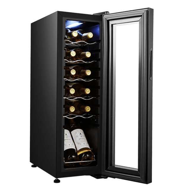 Cecotec Bolero GrandSommelier 1250 CoolCrystal Compressor Vinoteca de libre instalación capacidad para 12 botellas ajuste temperatura 8-18ºC 25 cm de ancho y 79 5 cm de alto display táctil e iluminación LED interna. Vinoteca Precios de Black Friday