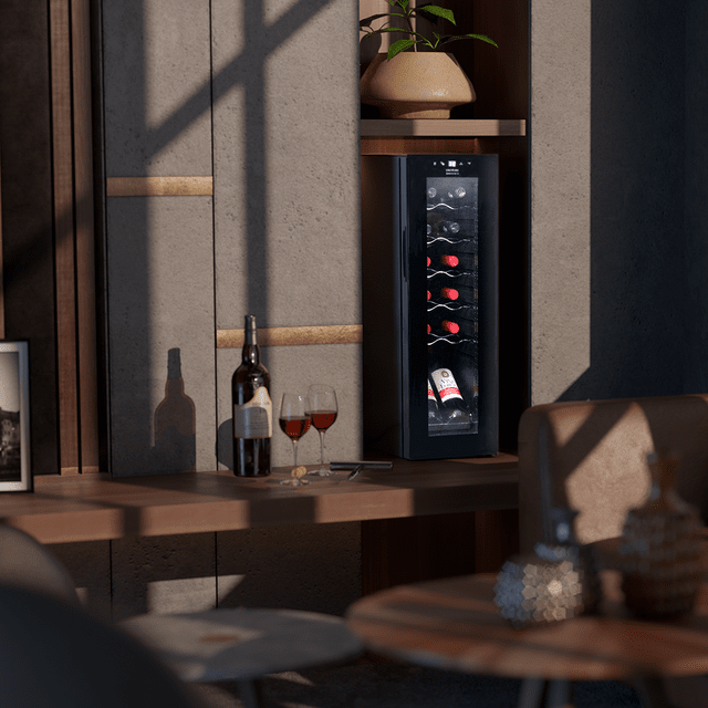 Cecotec Bolero GrandSommelier 1250 CoolCrystal Compressor Vinoteca de libre instalación capacidad para 12 botellas ajuste temperatura 8-18ºC 25 cm de ancho y 79 5 cm de alto display táctil e iluminación LED interna. Vinoteca Precios de Black Friday