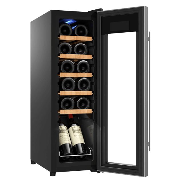 Cecotec Bolero GrandSommelier 1250 CoolWood Compressor Vinoteca de libre instalación capacidad para 12 botellas ajuste temperatura 8-18ºC 25 cm de ancho y 79 5 cm de alto estantes de madera display táctil e iluminación LED i En oferta