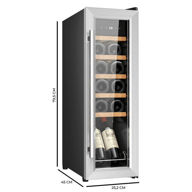 Cecotec Bolero GrandSommelier 1250 CoolWood Compressor Vinoteca de libre instalación capacidad para 12 botellas ajuste temperatura 8-18ºC 25 cm de ancho y 79 5 cm de alto estantes de madera display táctil e iluminación LED i En oferta