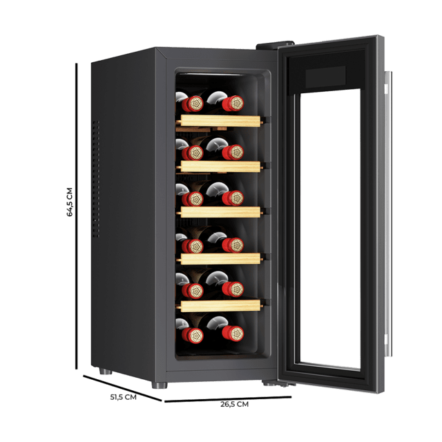 Cecotec Bolero GrandSommelier 1270 CoolWood Bodega con capacidad de 12 botellas y enfriamiento termoeléctrico. Temperatura regulable y luz LED interior Vinoteca Libre de impuestos