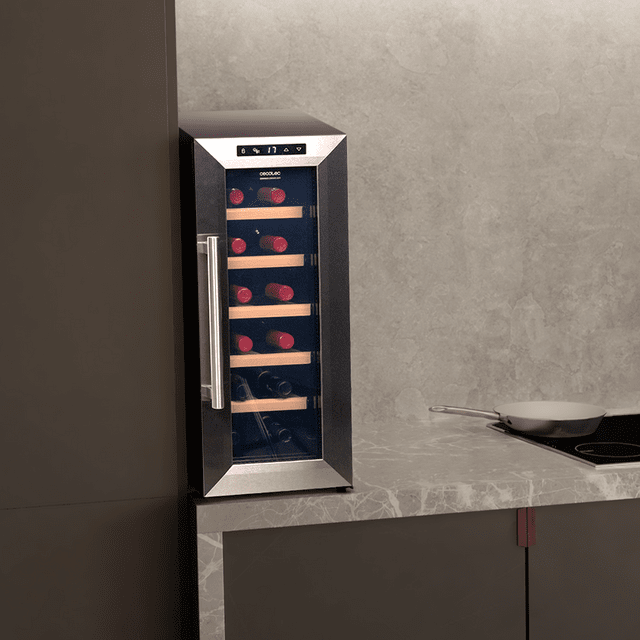 Cecotec Bolero GrandSommelier 1270 CoolWood Bodega con capacidad de 12 botellas y enfriamiento termoeléctrico. Temperatura regulable y luz LED interior Vinoteca Libre de impuestos