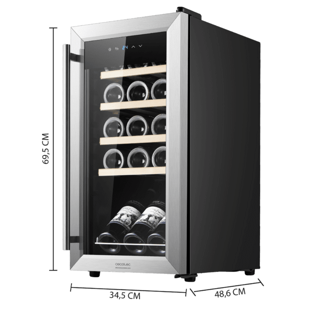 Cecotec Bolero GrandSommelier 1550 Inox Compressor Vinoteca con puerta y tirador inox de 15 botellas de capacidad con sistema compresor de enfriamiento temperatura regulable entre 5-18ºC y panel de control táctil. Vinoteca Última moda