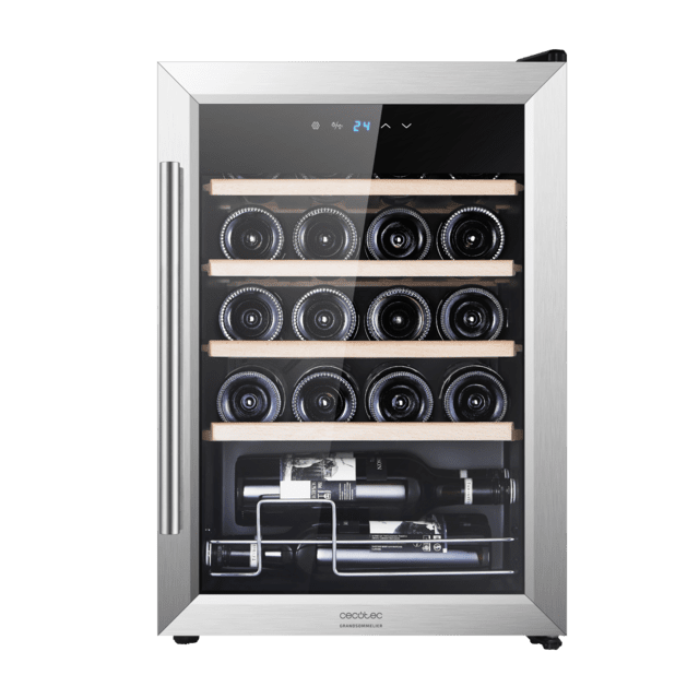 Cecotec Bolero GrandSommelier 2050 Inox Compressor Vinoteca con puerta y tirador inox de 20 botellas de capacidad con sistema compresor de enfriamiento temperatura regulable entre 5-18ºC y panel de control táctil. Vinoteca Ofertas de temporada