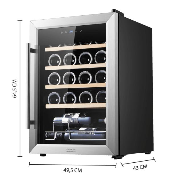 Cecotec Bolero GrandSommelier 2050 Inox Compressor Vinoteca con puerta y tirador inox de 20 botellas de capacidad con sistema compresor de enfriamiento temperatura regulable entre 5-18ºC y panel de control táctil. Vinoteca Ofertas de temporada