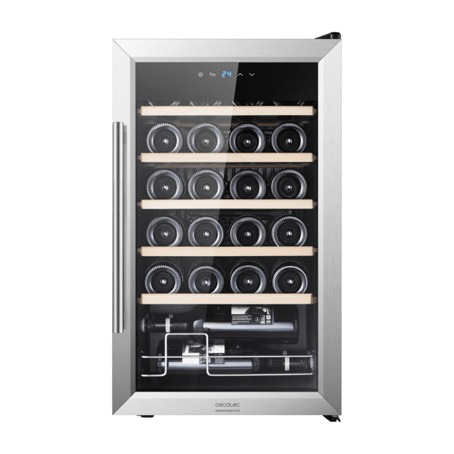 Cecotec Bolero GrandSommelier 2450 Inox Compressor Vinoteca con puerta y tirador inox de 24 botellas de capacidad con sistema compresor de enfriamiento temperatura regulable entre 5-18ºC y panel de control táctil. Vinoteca Grandes ahorros