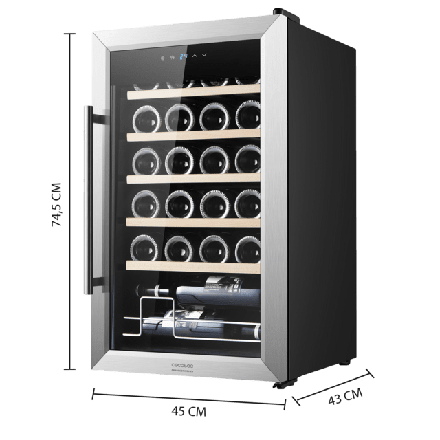 Cecotec Bolero GrandSommelier 2450 Inox Compressor Vinoteca con puerta y tirador inox de 24 botellas de capacidad con sistema compresor de enfriamiento temperatura regulable entre 5-18ºC y panel de control táctil. Vinoteca Grandes ahorros