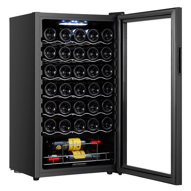 Cecotec Bolero GrandSommelier 34030 Black Compressor Vinoteca de 34 botellas de capacidad con sistema compresor de enfriamiento que garantiza un alto rendimiento. Temperatura regulable y luz LED interior. Vinoteca Rebajas de fin de temporada