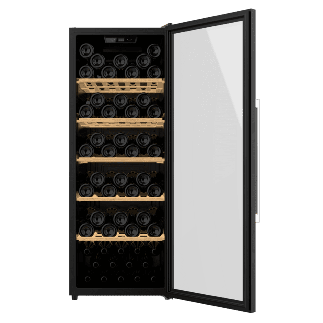 Cecotec Bolero GrandSommelier 98000 Black Vinoteca grande 98 botellas Compresor Silencioso 37dB Dimensiones 128.5cm alto x 48cm ancho Control táctil Temperatura regulable 5ºC a 20ºC Bloqueo infantil Luz LED interior Vinoteca Outlet