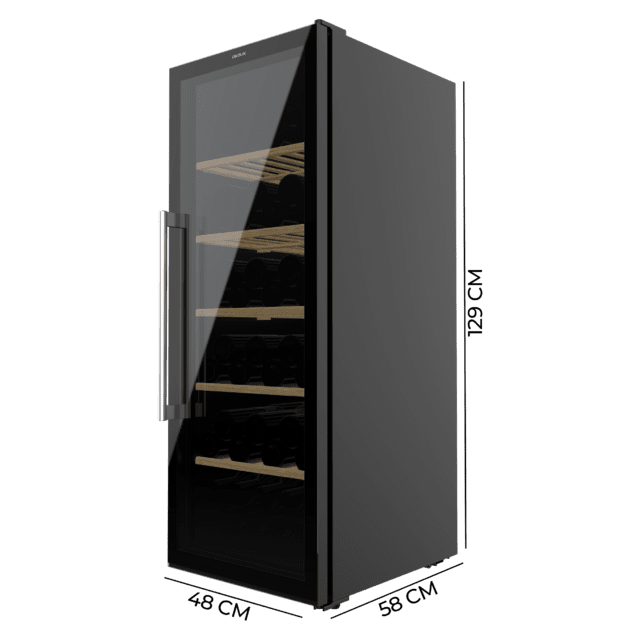 Cecotec Bolero GrandSommelier 98000 Black Vinoteca grande 98 botellas Compresor Silencioso 37dB Dimensiones 128.5cm alto x 48cm ancho Control táctil Temperatura regulable 5ºC a 20ºC Bloqueo infantil Luz LED interior Vinoteca Outlet