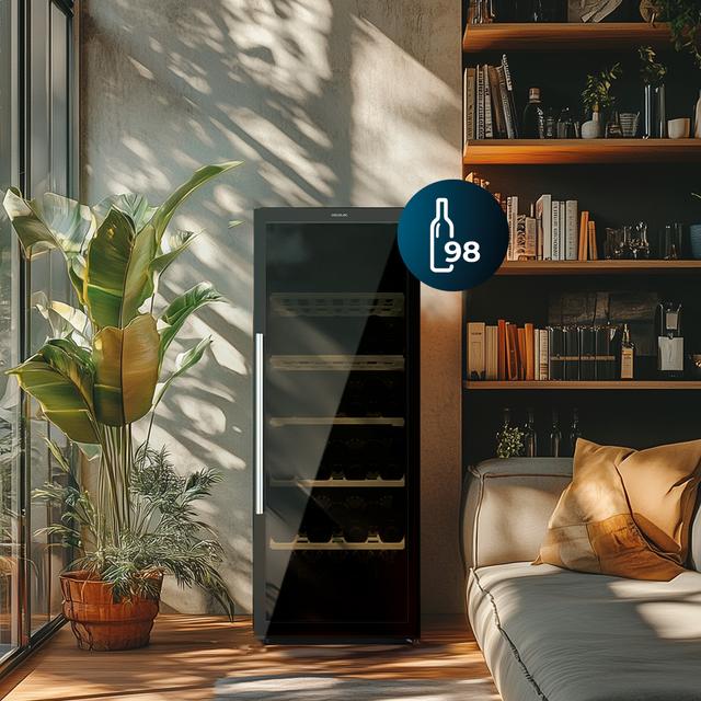 Cecotec Bolero GrandSommelier 98000 Black Vinoteca grande 98 botellas Compresor Silencioso 37dB Dimensiones 128.5cm alto x 48cm ancho Control táctil Temperatura regulable 5ºC a 20ºC Bloqueo infantil Luz LED interior Vinoteca Outlet