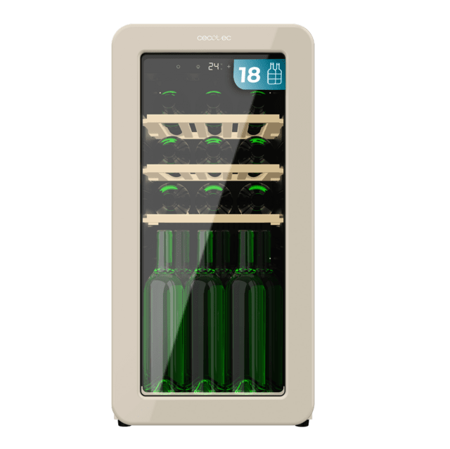 Cecotec Bolero GrandSommelier Origin 18 Hit Beige Vinoteca de diseño retro color beige Capacidad para 18 botellas Control electrónico de temperatura mediante display LED Rango ajustable de 5 a 20ºC Compresor Integrado Tecnolo Venta caliente