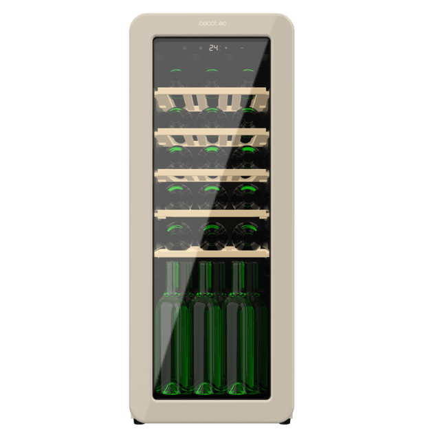 Cecotec Bolero GrandSommelier Origin 24 Hit Beige Vinoteca de diseño retro color beige Capacidad para 24 botellas Control electrónico de temperatura mediante display LED Rango ajustable de 5 a 20ºC Tecnología NoFrost Estante Rebajas de fábrica