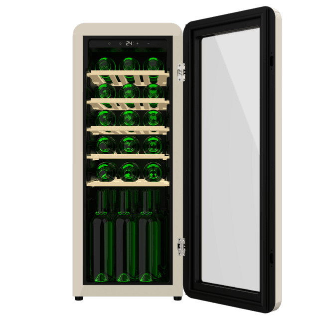 Cecotec Bolero GrandSommelier Origin 24 Hit Beige Vinoteca de diseño retro color beige Capacidad para 24 botellas Control electrónico de temperatura mediante display LED Rango ajustable de 5 a 20ºC Tecnología NoFrost Estante Rebajas de fábrica