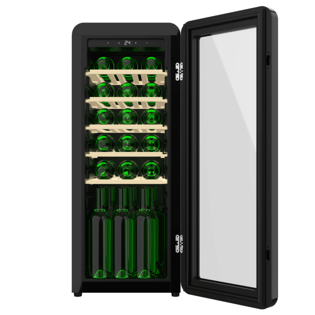 Cecotec Bolero GrandSommelier Origin 24 Hit Black Vinoteca de diseño retro color negro Capacidad para 24 botellas Control electrónico de temperatura mediante display LED Rango ajustable de 5 a 20ºC Tecnología NoFrost Estante Los más vendidos