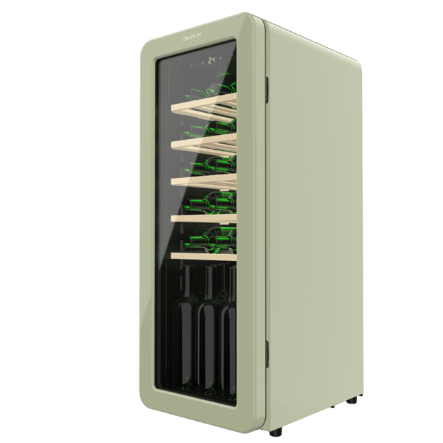 Cecotec Bolero GrandSommelier Origin 24 Hit Green Vinoteca de diseño retro color verde Capacidad para 24 botellas Control electrónico de temperatura mediante display LED Rango ajustable de 5 a 20ºC Tecnología NoFrost Estante Ventas relámpago