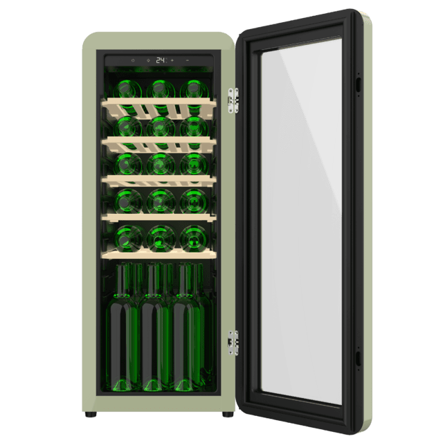 Cecotec Bolero GrandSommelier Origin 24 Hit Green Vinoteca de diseño retro color verde Capacidad para 24 botellas Control electrónico de temperatura mediante display LED Rango ajustable de 5 a 20ºC Tecnología NoFrost Estante Ventas relámpago