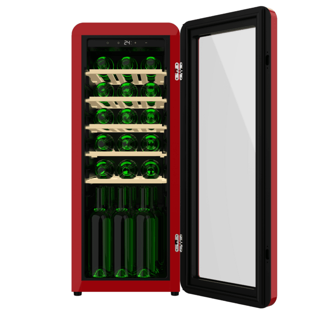 Cecotec Bolero GrandSommelier Origin 24 Hit Red Vinoteca de diseño retro color rojo Capacidad para 24 botellas Control electrónico de temperatura mediante display LED Rango ajustable de 5 a 20ºC Tecnología NoFrost Estantes m Descuento