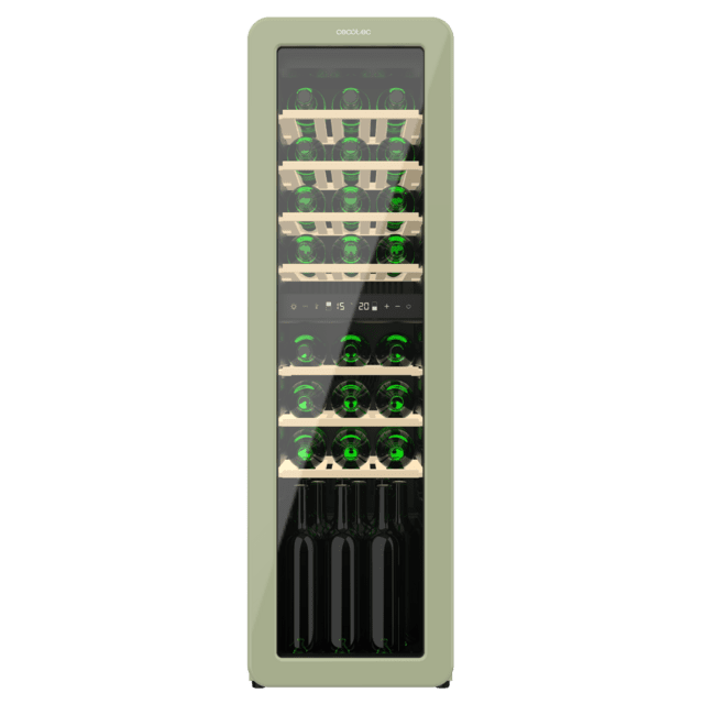 Cecotec Bolero GrandSommelier Origin Duo 30 Hit Green Vinoteca de diseño retro color verde con dos zonas de temperatura Capacidad para 30 botellas Control electrónico de temperatura mediante display LED Temperatura Zona 1 de 5 Liquidación