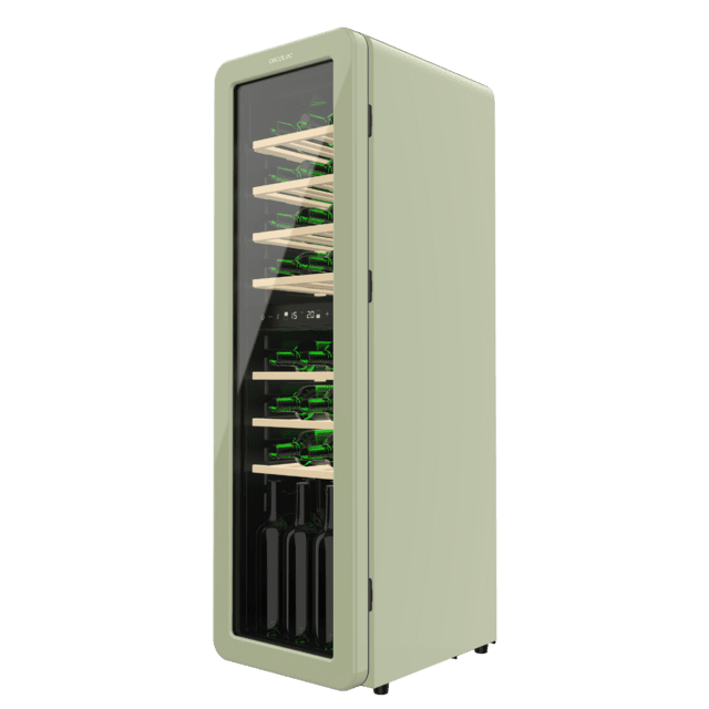 Cecotec Bolero GrandSommelier Origin Duo 30 Hit Green Vinoteca de diseño retro color verde con dos zonas de temperatura Capacidad para 30 botellas Control electrónico de temperatura mediante display LED Temperatura Zona 1 de 5 Liquidación