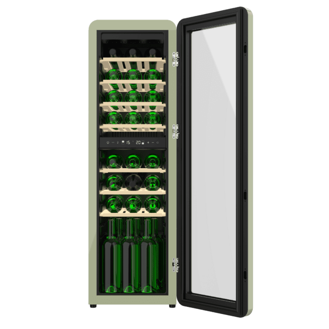 Cecotec Bolero GrandSommelier Origin Duo 30 Hit Green Vinoteca de diseño retro color verde con dos zonas de temperatura Capacidad para 30 botellas Control electrónico de temperatura mediante display LED Temperatura Zona 1 de 5 Liquidación