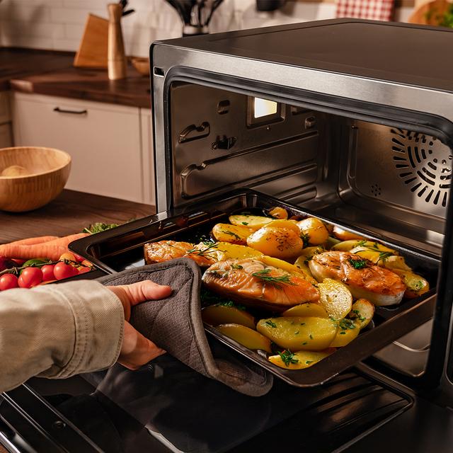 Cecotec Bake&Steam 4000 Combi Gyro Advance Horno de vapor 3 en 1 con función vapor convección y freidora de aire 40 litros de capacidad 8 funciones de cocinado función de autolimpieza rustidor y 2400 W de potencia. Horno de v Venta caliente