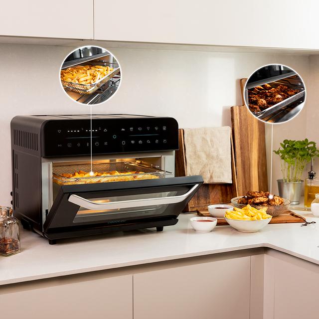 Cecotec Bake&Fry 2500 Touch. Horno Freidora de Aire Caliente de 1800 W Convección 25 Litros Pantalla Táctil 12 Funciones Temperatura regulable hasta 230º Temporizador Negro Horno freidora de 25 litros de capacidad y 1800 W de Descuento