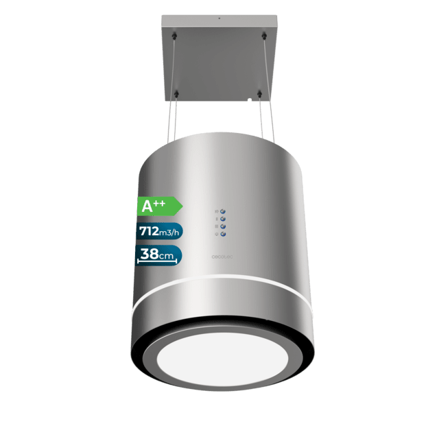 Cecotec Bolero Flux CRE 448000 Inox A++ Campana colgante redonda Bolero Flux CRE 448000 Inox A++ de 38cm de diametro acabado inox succión 712m3/h Motor 210W Clase A++ control electrónico 3 niveles de potencia luz filtro de car