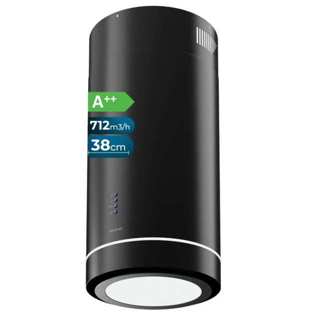 Cecotec Bolero Flux IRE 388000 Black A++ Campana isla redonda de 38cm de diametro acabado negro succión 712m3/h Motor 210W Clase A++ control electrónico 3 niveles de potencia panel led filtro de carbono y Booster Function. Cam
