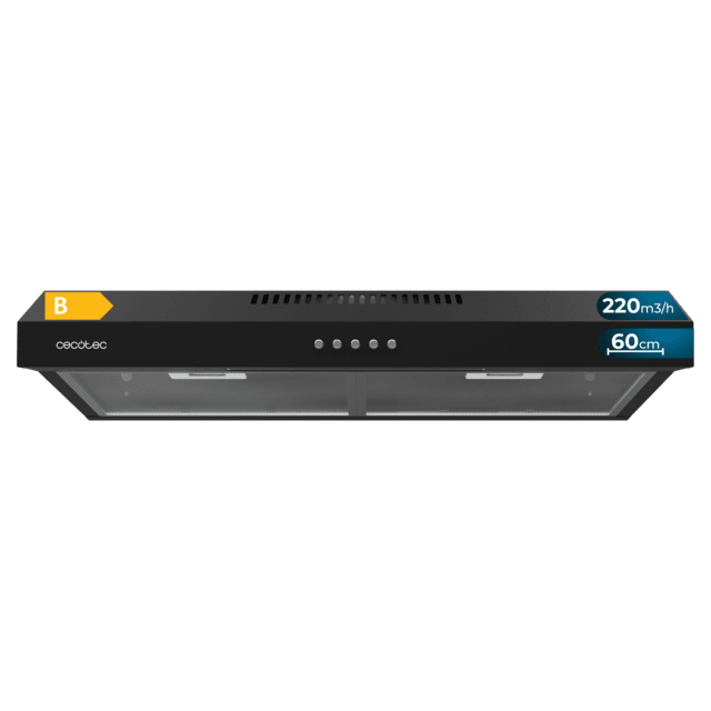 Cecotec Bolero Flux CM 602200 Black B Campana extractora convencional de 60cm de ancho acabado negro potencia succión 220m3/h Motor 70W Clase B control mecánico 3 niveles de potencia y luz. Campana extractora convencional Promoción por tiempo limitado
