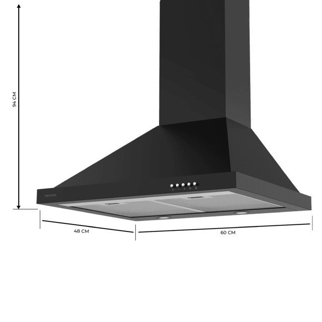 Cecotec Bolero Flux PM 604300 Black C Campana extractora piramidal de 60 cm de ancho acabado negro succión 430m3/h Motor 105W Clase C control mecánico 3 niveles de potencia Luz y filtro de aluminio. Campana extractora piramida Descuentos del mes