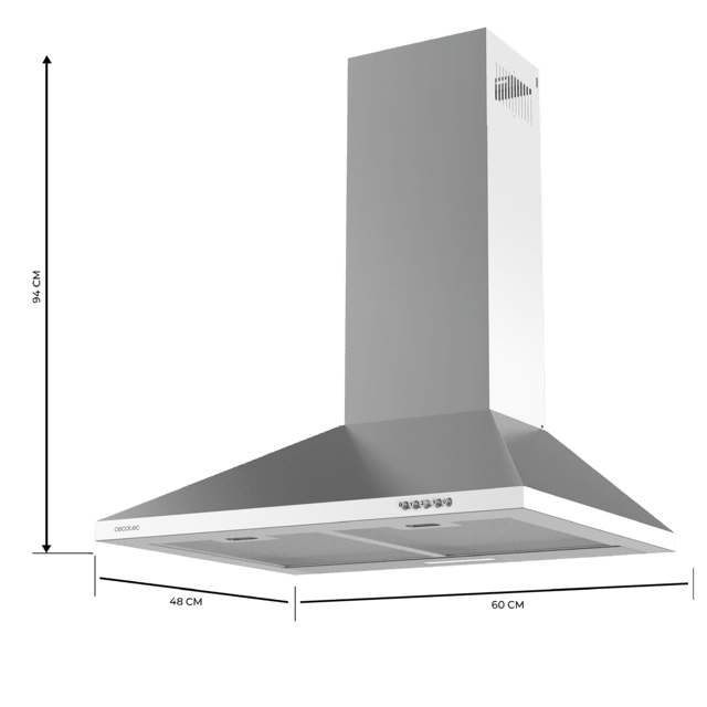Cecotec Bolero Flux PM 604300 Inox C Campana extractora piramidal de 60 cm de ancho acabado inox succión 430m3/h Motor 105W Clase C control mecánico 3 niveles de potencia Luz y filtro de aluminio. Campana extractora  Oferta exclusiva