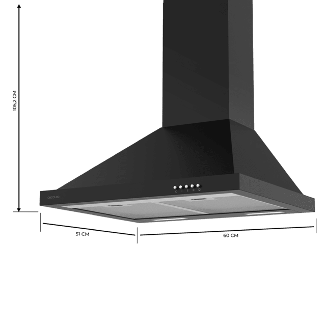 Cecotec Bolero Flux PM 606500 Black A Campana piramidal de 60cm de ancho acabado negro succión 650m3/h Motor 165W Clase A control mecánico 3 niveles de potencia luz y filtro de carbono. Campana piramida Última moda