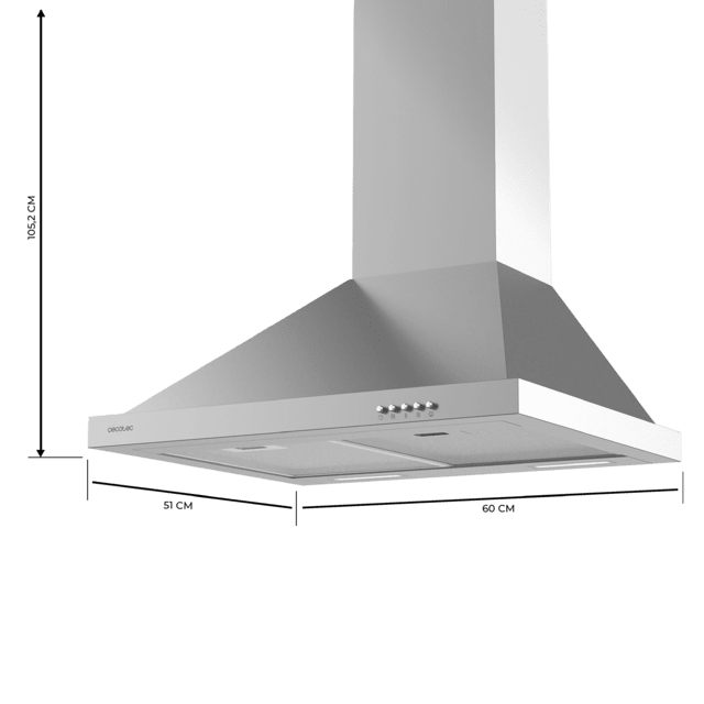 Cecotec Bolero Flux PM 606500 Inox A Campana piramidal de 60cm de ancho acabado inox succión 650m3/h Motor 165W Clase A control mecánico 3 niveles de potencia luz y filtro de carbono. Campana extractora piramidal  Descuento por venta flash