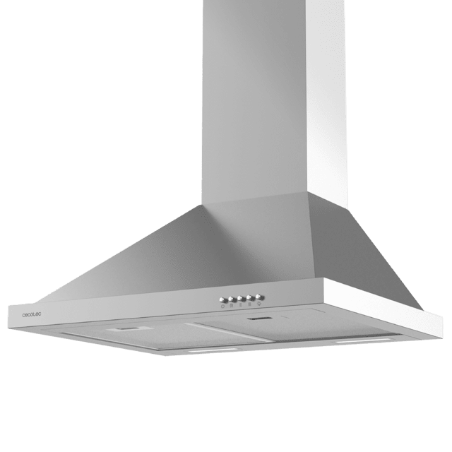 Cecotec Bolero Flux PM 606500 Inox A Campana piramidal de 60cm de ancho acabado inox succión 650m3/h Motor 165W Clase A control mecánico 3 niveles de potencia luz y filtro de carbono. Campana extractora piramidal  Descuento por venta flash