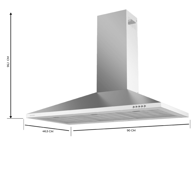 Cecotec Bolero Flux PM 903500 Inox B Campana extractora piramidal de 90cm de ancho acabado inox succión 350m3/h Motor 65W Clase B control mecánico 3 niveles de potencia luz y filtro de carbono. Campana extractora piramidal Ofertas de temporada
