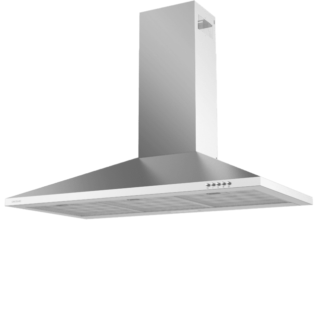 Cecotec Bolero Flux PM 903500 Inox B Campana extractora piramidal de 90cm de ancho acabado inox succión 350m3/h Motor 65W Clase B control mecánico 3 niveles de potencia luz y filtro de carbono. Campana extractora piramidal Ofertas de temporada