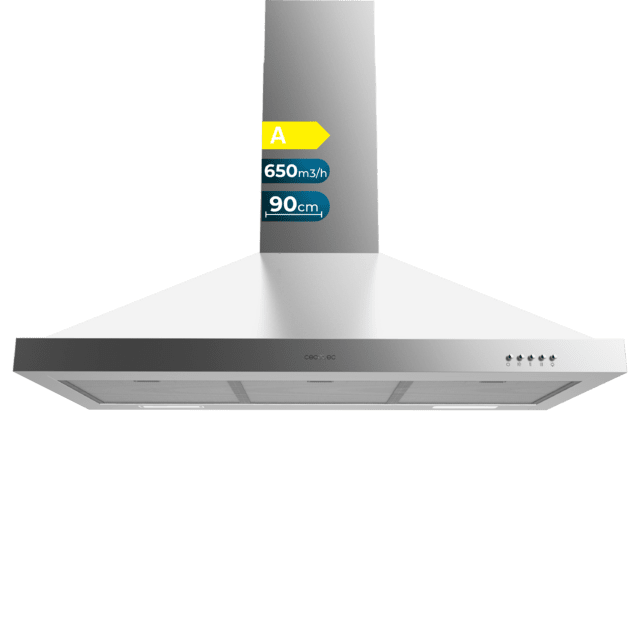 Cecotec Bolero Flux PM 906500 Inox A Campana piramidal de 90cm de ancho acabado inox succión 650m3/h Motor 165W Clase A control mecánico 3 niveles de potencia luz y filtro de carbono. Campana extractora piramidal  Grandes ahorros