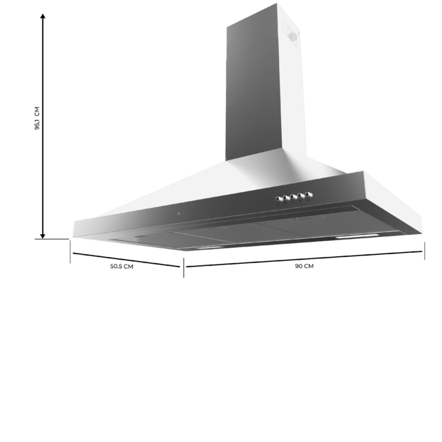 Cecotec Bolero Flux PM 906500 Inox A Campana piramidal de 90cm de ancho acabado inox succión 650m3/h Motor 165W Clase A control mecánico 3 niveles de potencia luz y filtro de carbono. Campana extractora piramidal  Grandes ahorros