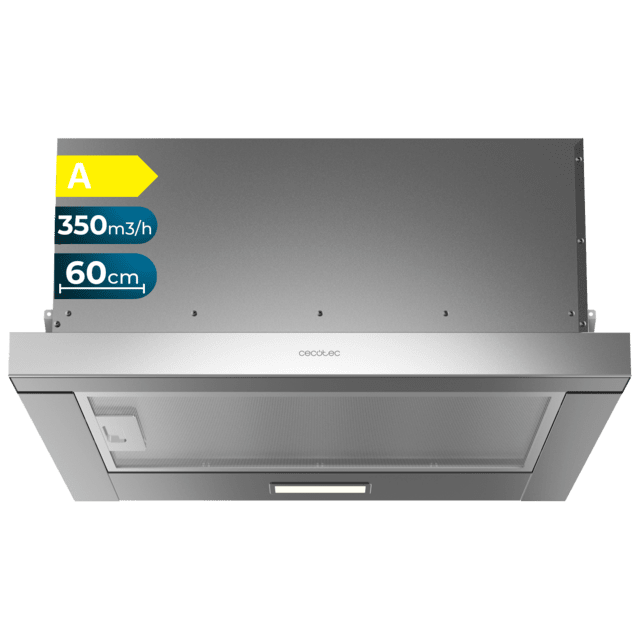Cecotec Bolero Flux TLM 603500 Inox A Campana extratora telescópica de 60cm de ancho acabado inox potencia succión 350m3/h Motor 70W Clase A control mecánico 2 niveles de potencia y filtro de carbono. Campana extratora 