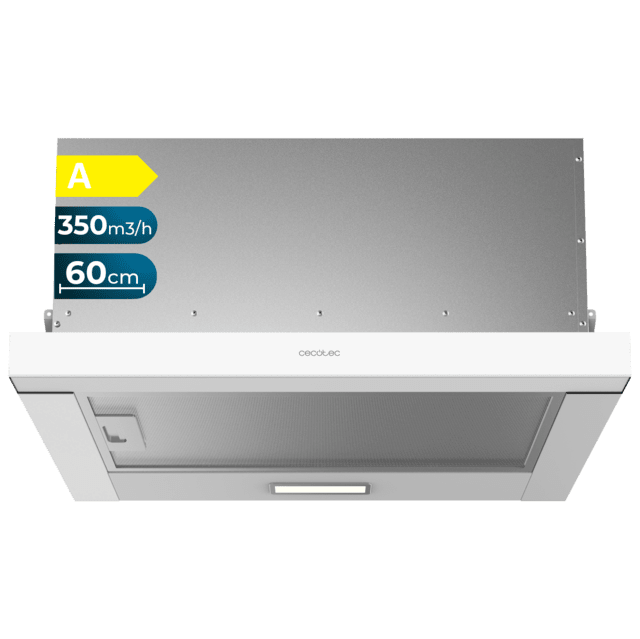 Cecotec Bolero Flux TLM 603500 White A Campana extratora telescópica de 60cm de ancho acabado blanco potencia succión 350m3/h Motor 70W Clase A control mecánico 2 niveles de potencia y filtro de carbono. Campana extratora tel 2025