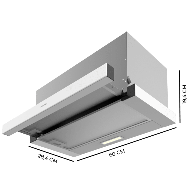 Cecotec Bolero Flux TLM 603500 White A Campana extratora telescópica de 60cm de ancho acabado blanco potencia succión 350m3/h Motor 70W Clase A control mecánico 2 niveles de potencia y filtro de carbono. Campana extratora tel 2025