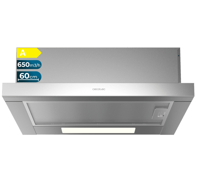 Cecotec Bolero Flux TLM 606500 Inox A Campana extratora telescópica de 60cm de ancho acabado inox potencia succión 650m3/h Motor 165W Clase A control mecánico 2 niveles de potencia y filtro de carbono. Campana extratora teles