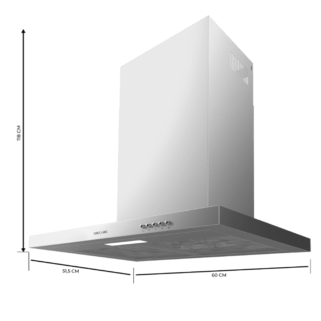 Cecotec Bolero Flux TM 603500 Inox A Campana T de 60cm de ancho acabado inox succión 350m3/h Motor 70W Clase A control mecánico 3 niveles de potencia luz y filtro de carbono. Campana T Outlet