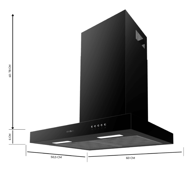 Cecotec Bolero Flux TM 606500 Black A Campana T de 60cm de ancho acabado negro succión 650m3/h Motor 165W Clase A control mecánico 3 niveles de potencia luz y filtro de carbono. Campana T Outlet online