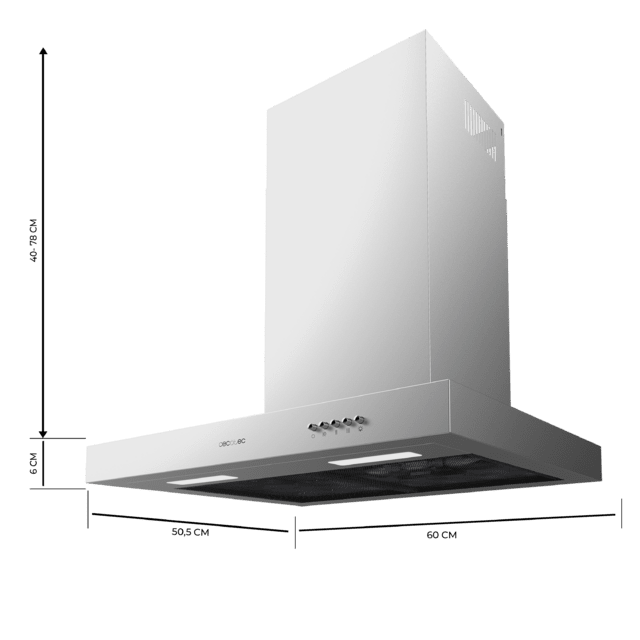 Cecotec Bolero Flux TM 606500 Inox A Campana T de 60cm de ancho acabado inox succión 650m3/h Motor 165W Clase A control mecánico 3 niveles de potencia luz y filtro de carbono. Campana T Rebajas