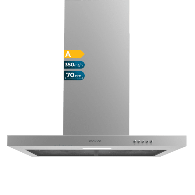 Cecotec Bolero Flux TM 703500 Inox A Campana T de 70cm de ancho acabado inox succión 350m3/h Motor 70W Clase A control mecánico 3 niveles de potencia luz y filtro de carbono. Campana T Ofertas